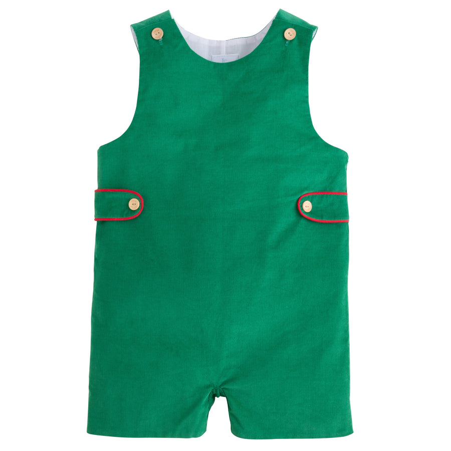 Little English classic kids clothes, evergreen corduroy john john with wood button details and button tabs with red piping for little boys