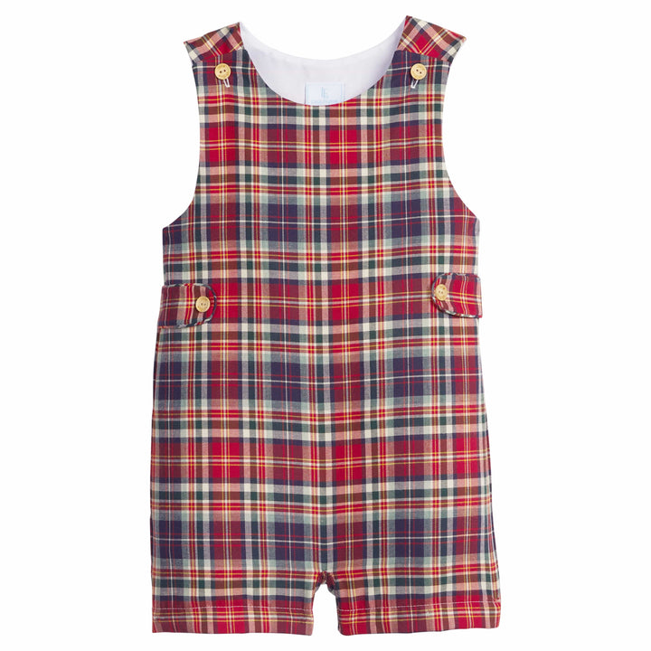 little english classic children's clothes,  deep red, hunter green, and navy plaid button tab john john for toddler boys for fall.  Holiday outfit for little boys