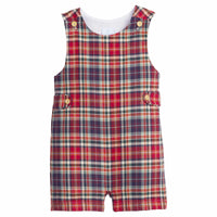 little english classic children's clothes,  deep red, hunter green, and navy plaid button tab john john for toddler boys for fall.  Holiday outfit for little boys