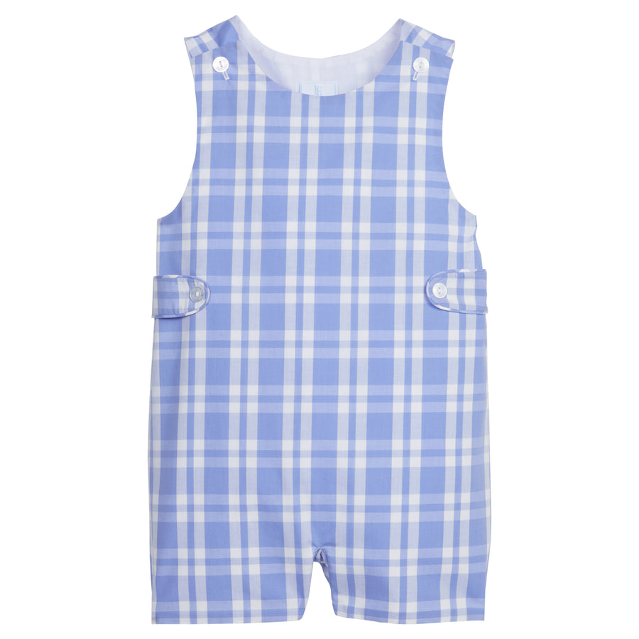 Little English classic john john for spring, blue and white plaid one piece outfit for toddler boy