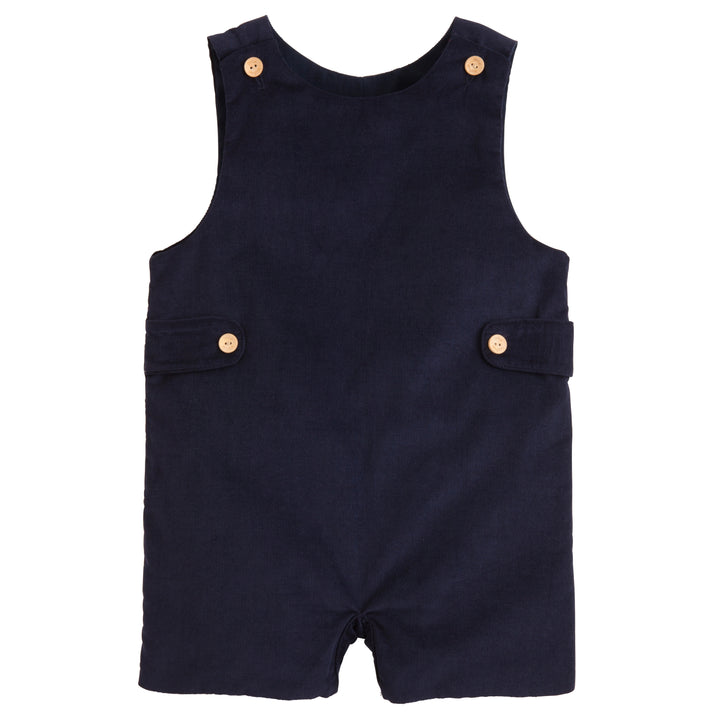 Little English classic kids clothing, boy's navy corduroy button tab john john