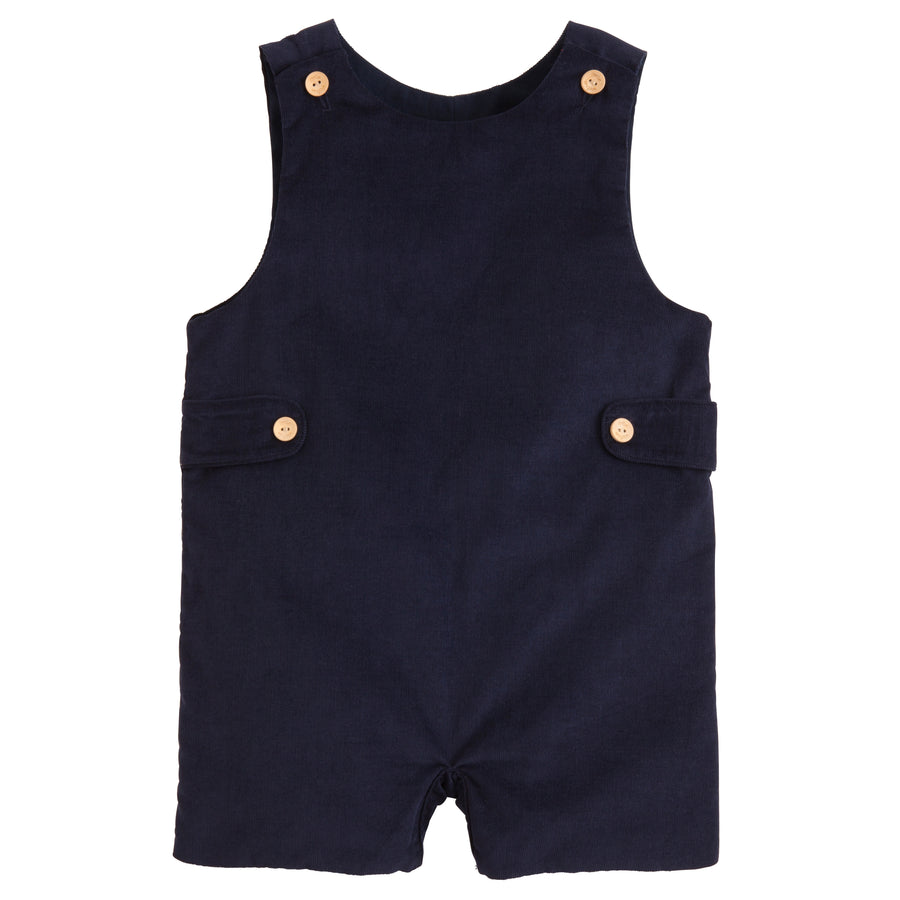 Little English classic kids clothing, boy's navy corduroy button tab john john