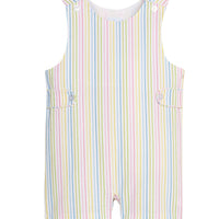 Little English traditional children's clothing.  Classic button tab john john for toddler boys in rainbow stripe seersucker 
