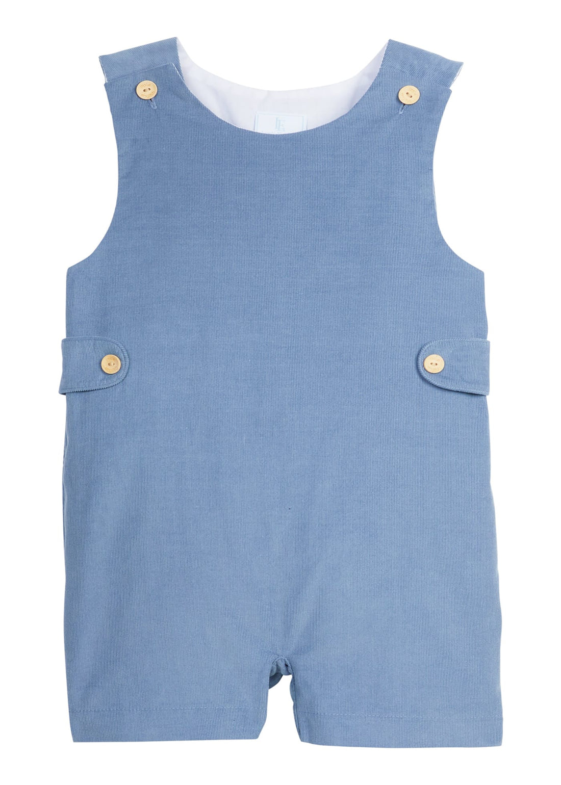 Little English traditional clothing, button tab john john in stormy blue corduroy for little boy
