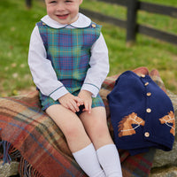 Little English classic toddler boy button tab john john set in ashford tartan pattern with wood buttons on shoulder  