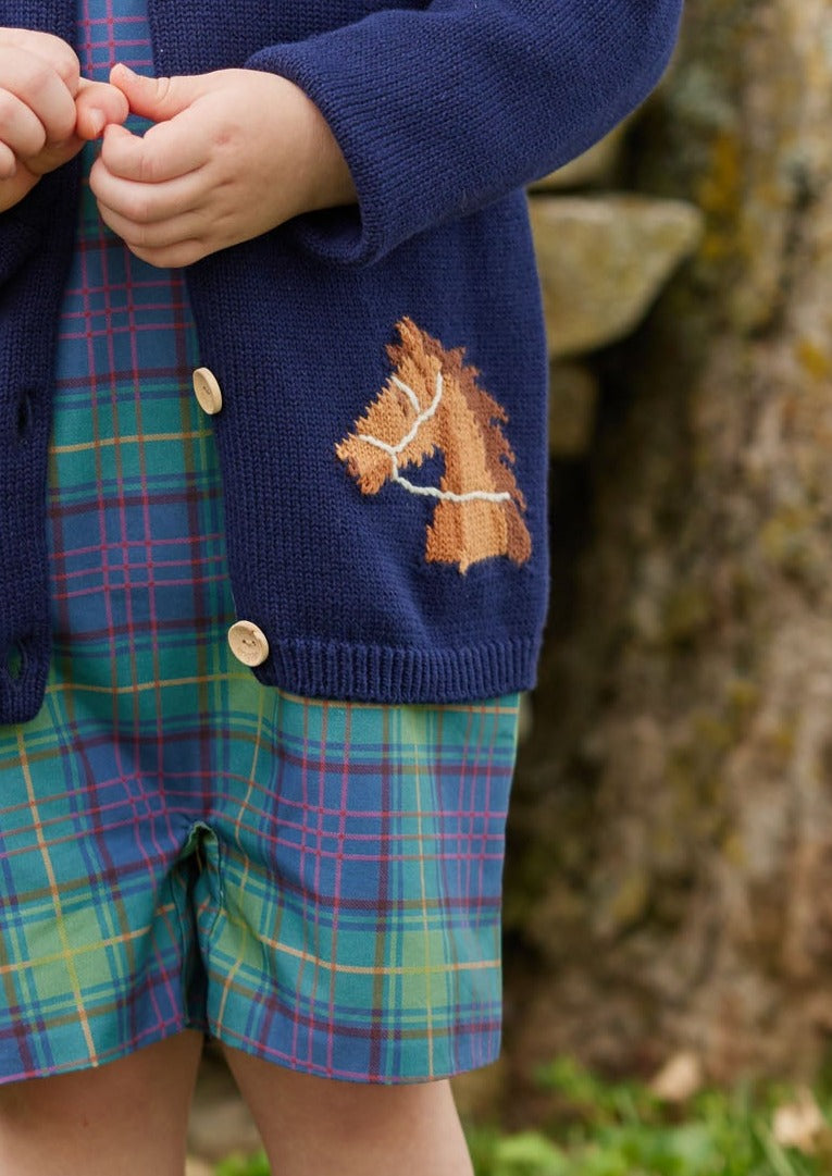 Little English classic childrens clothing unisex navy knit cardigan with horse motif and wooden buttons