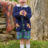 Little English classic childrens clothing unisex navy knit cardigan with horse motif and wooden buttons