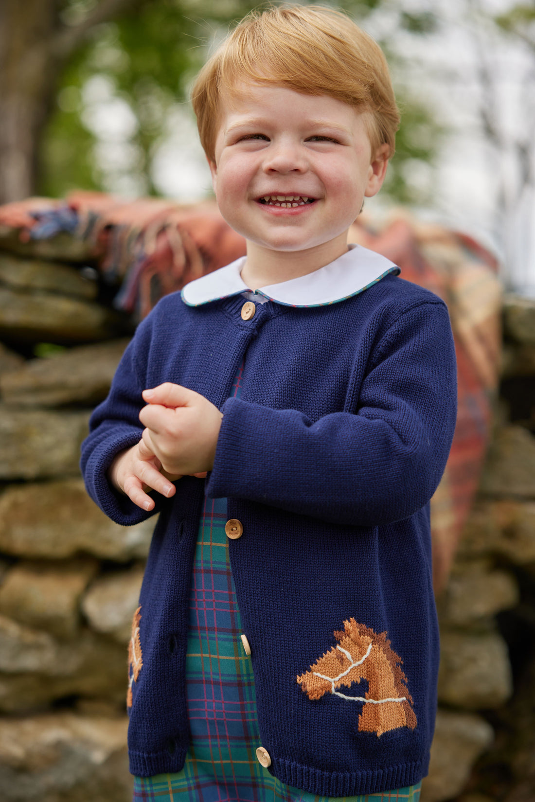 Little English classic childrens clothing unisex navy knit cardigan with horse motif and wooden buttons