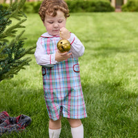 Little English traditional children's clothing.  Holiday John John set for toddler boys. Long sleeve white peter pan shirt with red piping paired with colorful red, yellow, green, blue, and white Douglas Plaid john john