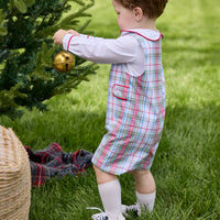 Little English traditional children's clothing.  Holiday John John set for toddler boys. Long sleeve white peter pan shirt with red piping paired with colorful red, yellow, green, blue, and white Douglas Plaid john john