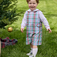 Little English traditional children's clothing.  Holiday John John set for toddler boys. Long sleeve white peter pan shirt with red piping paired with colorful red, yellow, green, blue, and white Douglas Plaid john john