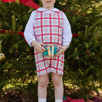 Little English classic toddler boys john john set in holiday plaid pattern with long sleeve peter pan shirt underneath