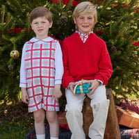 Little English classic toddler boys john john set in holiday plaid pattern with long sleeve peter pan shirt underneath
