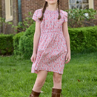Little English traditional children's clothing.  Soft blue and raspberry red Lennox Floral short sleeve dress with elastic waist