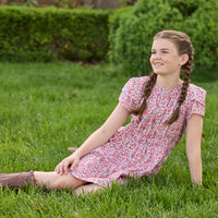 Little English traditional children's clothing.  Soft blue and raspberry red Lennox Floral short sleeve dress with elastic waist