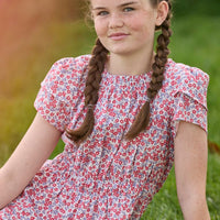 Little English traditional children's clothing.  Soft blue and raspberry red Lennox Floral short sleeve dress with elastic waist