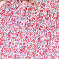 Little English traditional children's clothing.  Soft blue and raspberry red Lennox Floral short sleeve dress with elastic waist