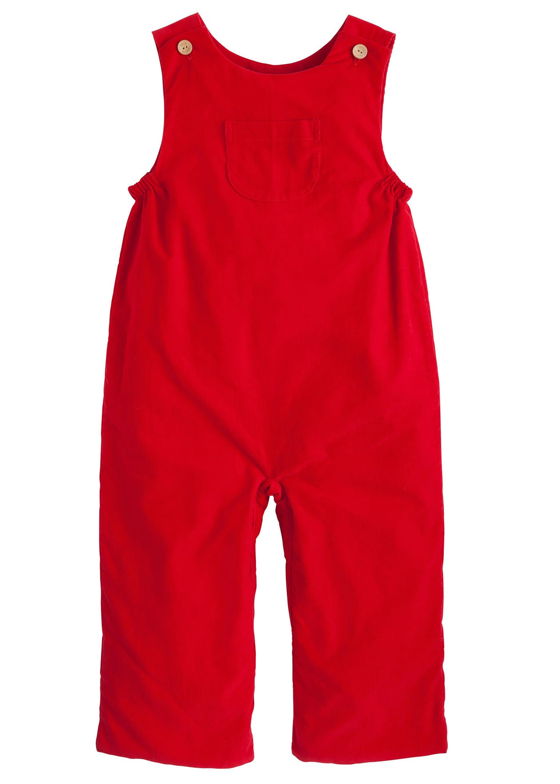 Little English classic kids clothes, red corduroy overall with elastic under the arms, wood button details, and a small pocket at the center chest for toddler boys