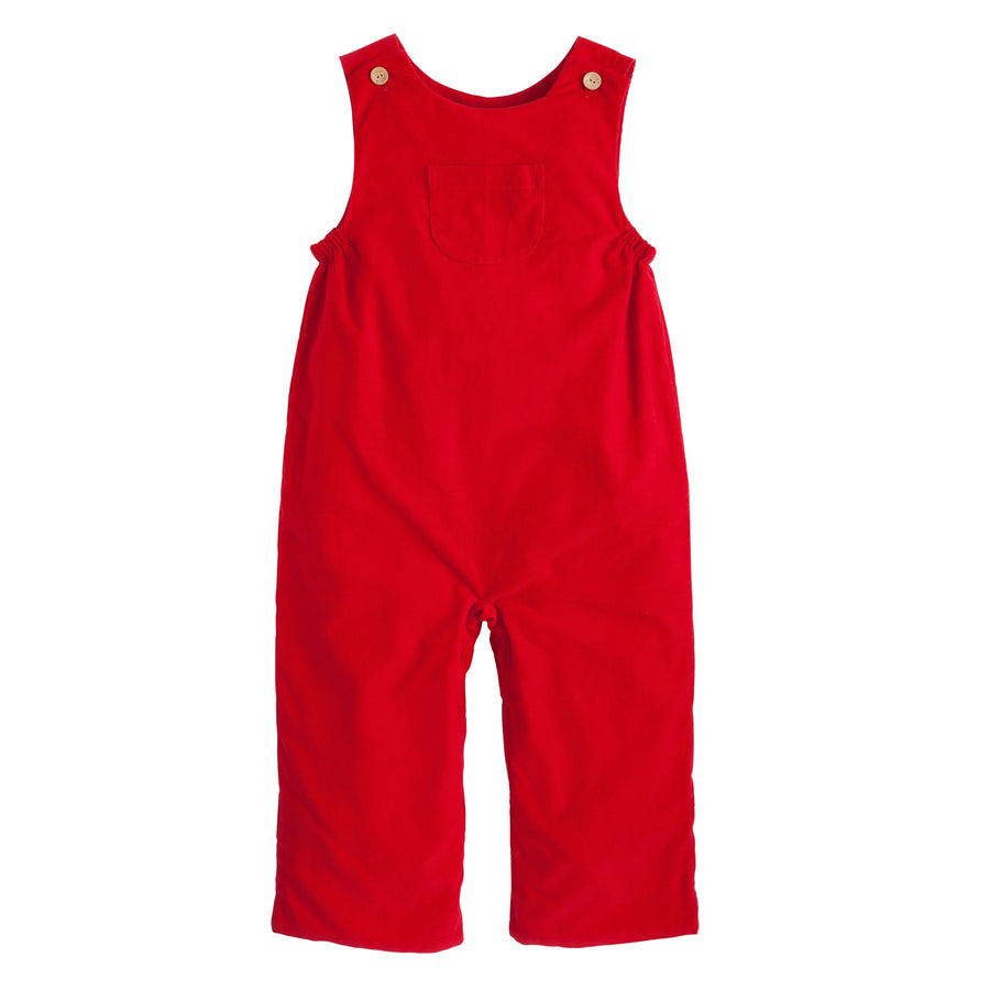 Little English classic kids clothes, red corduroy overall with elastic under the arms, wood button details, and a small pocket at the center chest for toddler boys