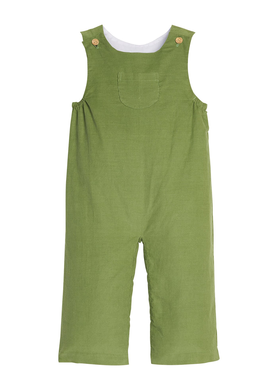 Little English classic kids clothing, watercress green corduroy overall with wood button details and center chest pocket for toddler boys for Fall