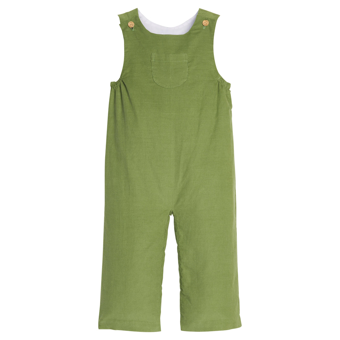 Little English classic kids clothing, watercress green corduroy overall with wood button details and center chest pocket for toddler boys for Fall