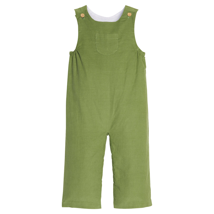 Little English classic kids clothing, watercress green corduroy overall with wood button details and center chest pocket for toddler boys for Fall