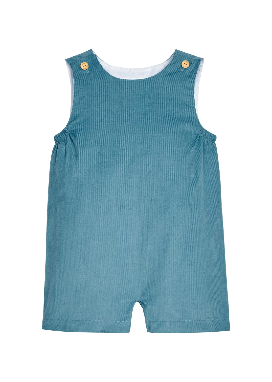 Little English classic kids clothing, aqua blue Alpine corduroy shortall with wood button details for toddler boys for Fall