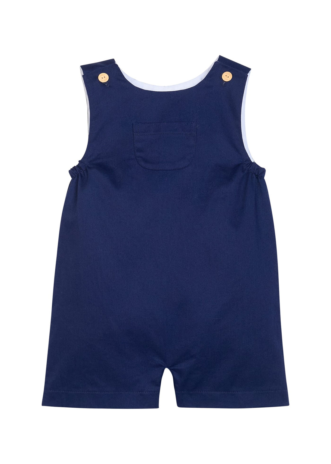 Little English classic kids clothing, navy blue twill shortall with wood button details for toddler boys for Fall