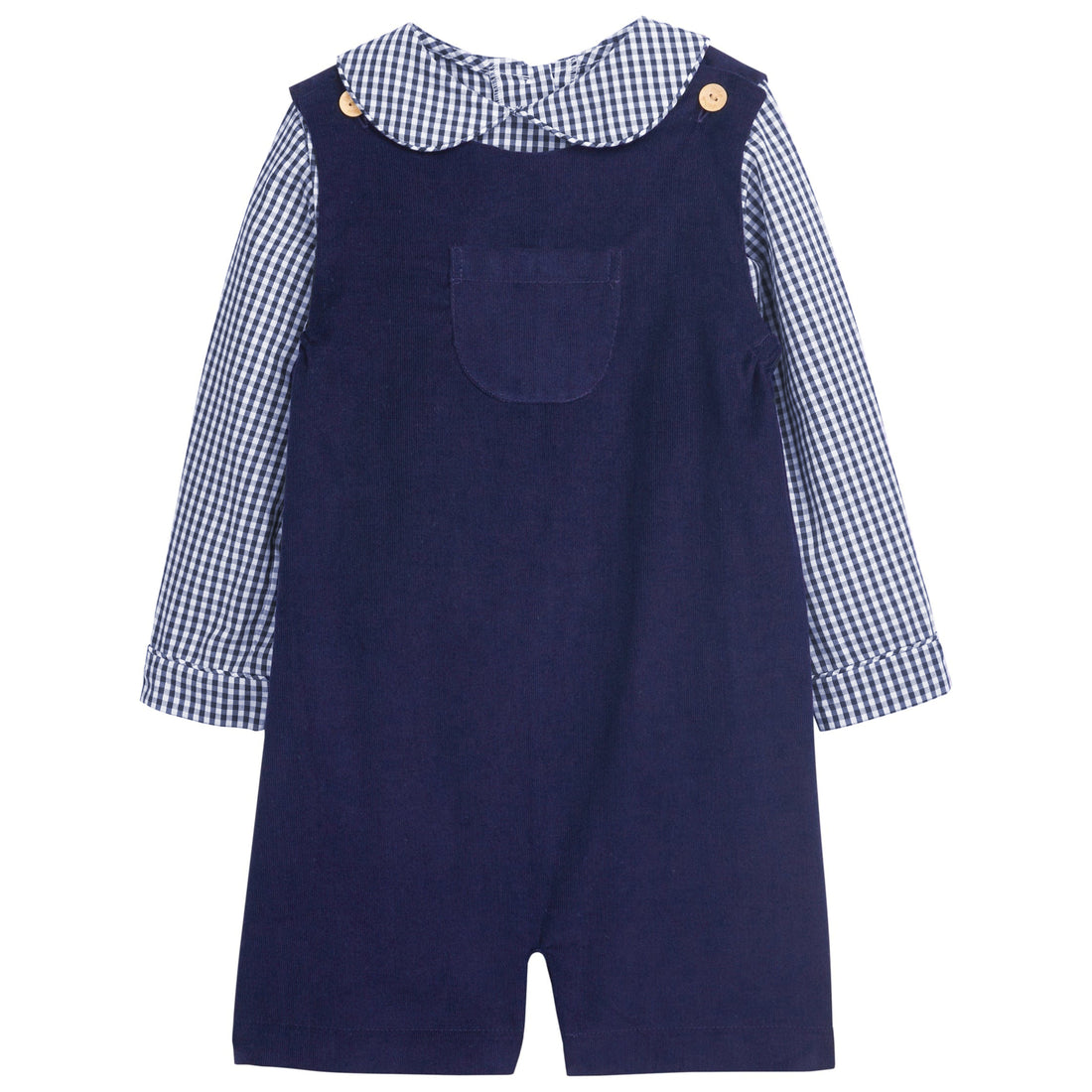 little english classic childrens clothing, boys navy gingham peter pan shirt with navy corduroy shortall