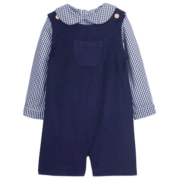 little english classic childrens clothing, boys navy gingham peter pan shirt with navy corduroy shortall
