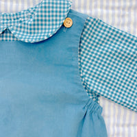Little English boy's toddler outfit with alpine gingham peter pan shirt and corduroy shortall
