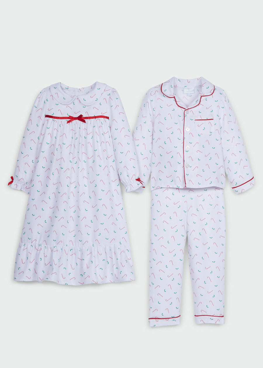 Little English classic kids flannel style pajama set, traditional jammies with candy canes for christmas and matching nightgown