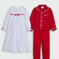 Little English classic flannel style pajama set, kids traditional christmas pajamas in red with coordinating candy cane nightgown for girls