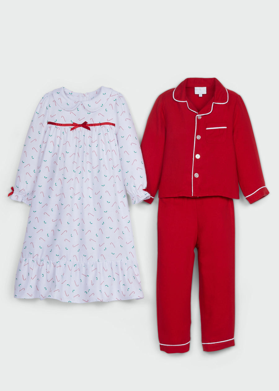 Little English classic flannel style pajama set, kids traditional christmas pajamas in red with coordinating candy cane nightgown for girls