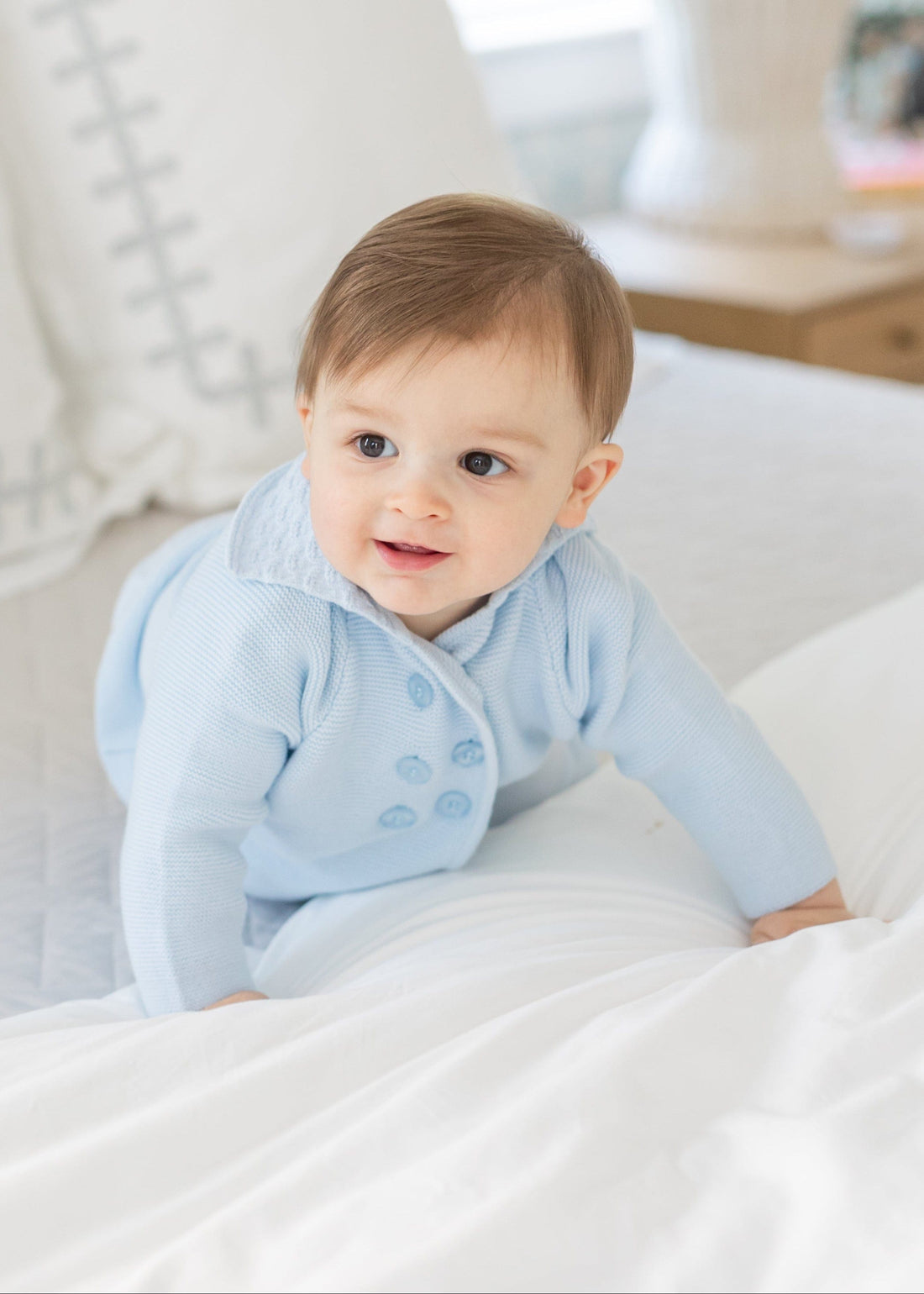 Little English baby knit button front coat in light blue, baby jogger set in light blue