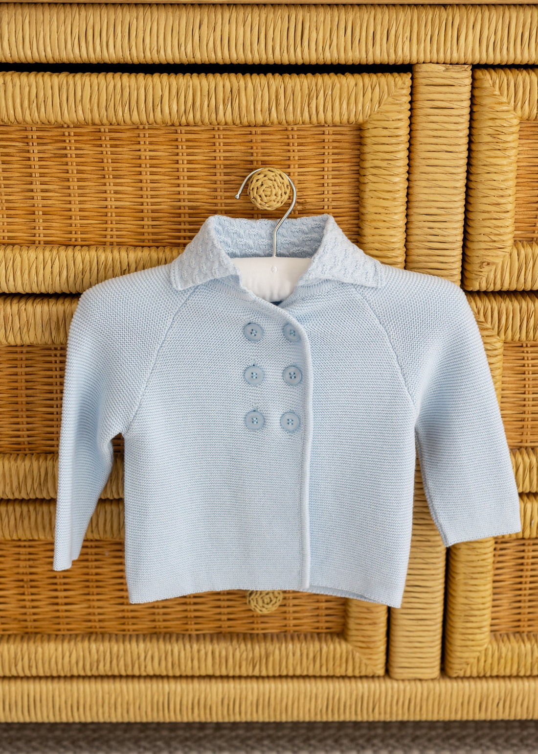 Little English baby knit button front coat in light blue