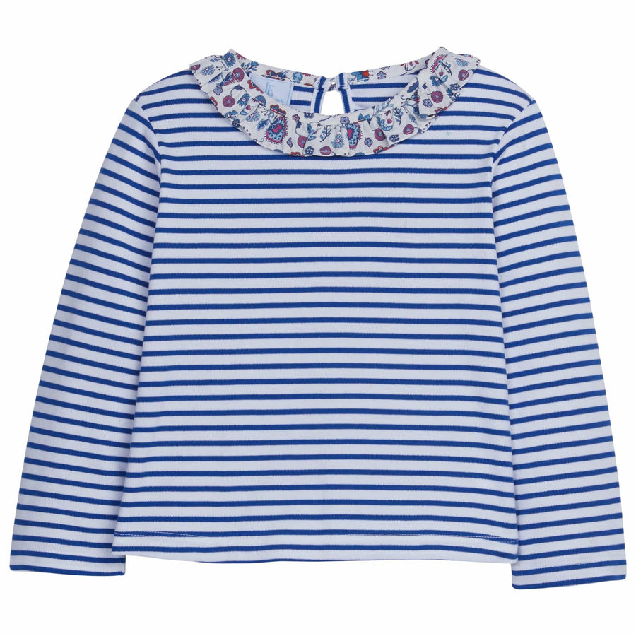 little english classic childrens clothing girls royal blue striped long sleeve t-shirt with ruffled floral collar
