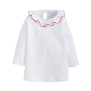 little english classic childrens clothing girls white blouse with ruffled collar and red picot trim