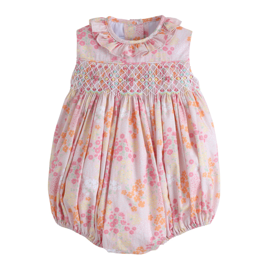 Little English classic baby girl's floral bubble with smocking, pink sleeveless bubble for spring