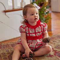 Little English classic baby girl bubble in holiday plaid with red bow around waist