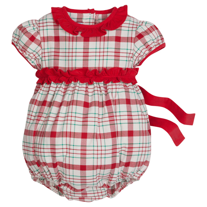 Little English classic baby girls holiday bubble, red corduroy and plaid bubble for christmas, traditional holiday outfit