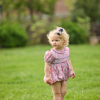 Little English traditional children's clothing.  Soft blue and raspberry red Lennox Floral short sleeve bubble for baby girls with ruffle collar and blue piping detail at sleeves and chest