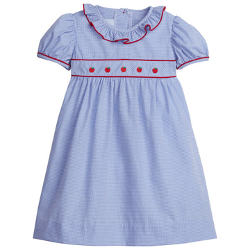 little english classic childrens clothing girls light blue plaid dress with ruffled collar and embroidered apples at chest
