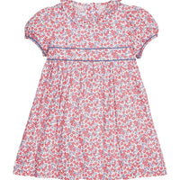 Little English traditional children's clothing.  Soft blue and raspberry red Lennox Floral short sleeve dress for little girls with ruffle collar and blue piping detail at sleeves and chest