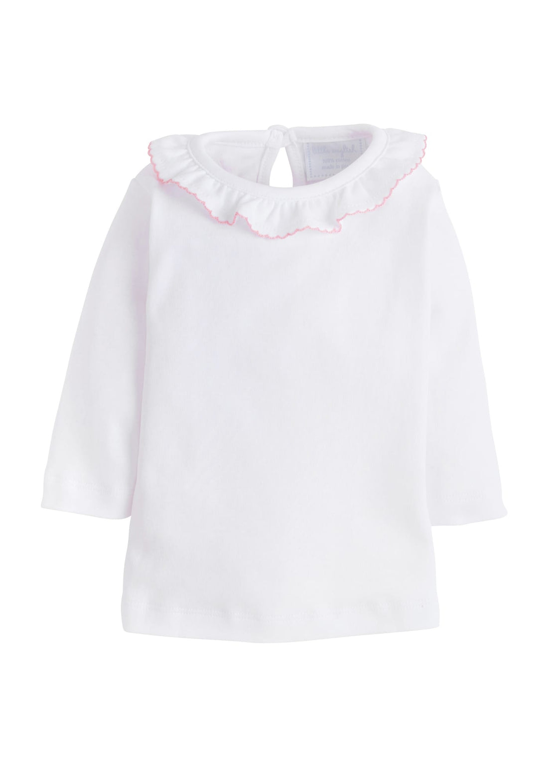 little english classic childrens clothing, girls white blouse with ruffled collar and pink trim picot