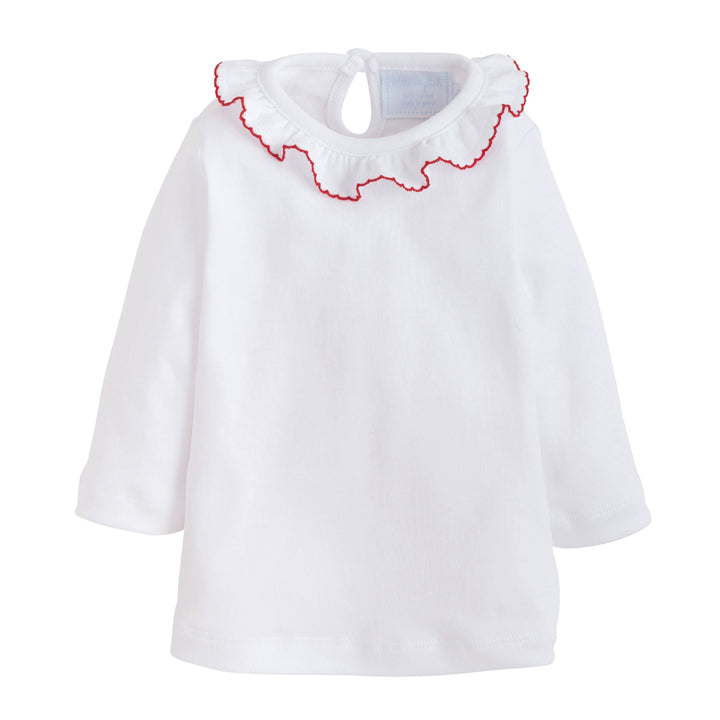 little english classic childrens clothing girls white blouse with ruffled collar and red picot trim