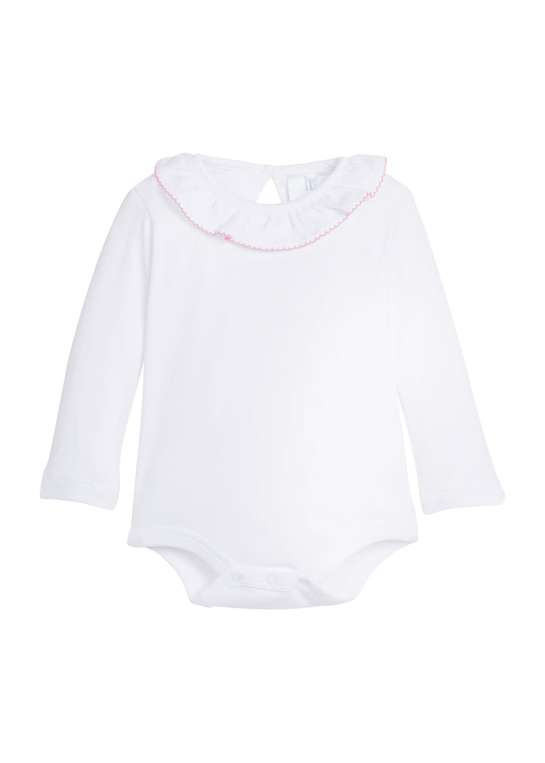 Little English classic kids clothing, long sleeve white knit onesie with ruffled collar trimmed in light pink picot for baby girls