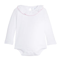 Little English classic kids clothing, long sleeve white knit onesie with ruffled collar trimmed in light pink picot for baby girls