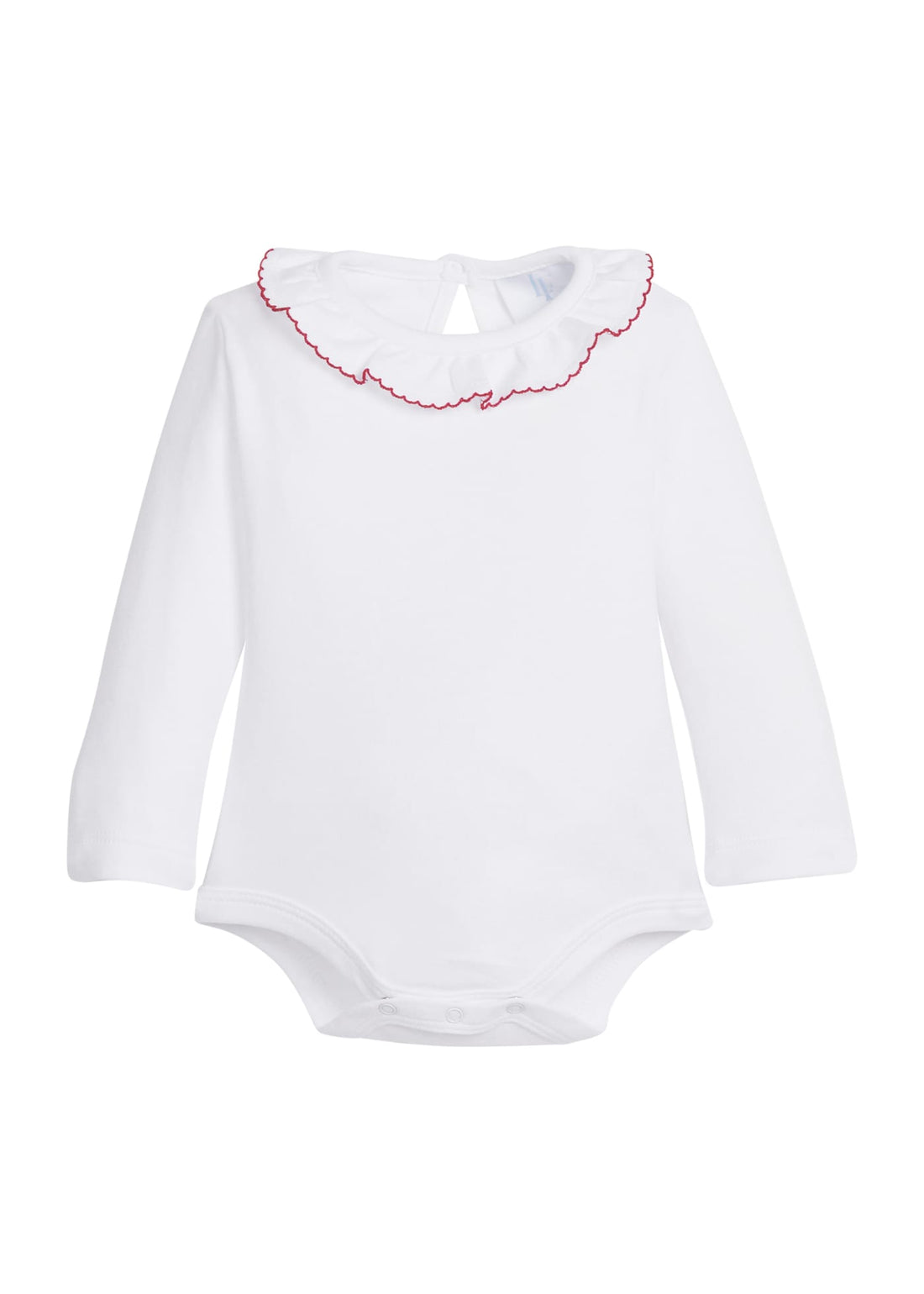 Little English classic kids clothing, long sleeve white knit onesie with ruffled collar trimmed in red picot for baby girls
