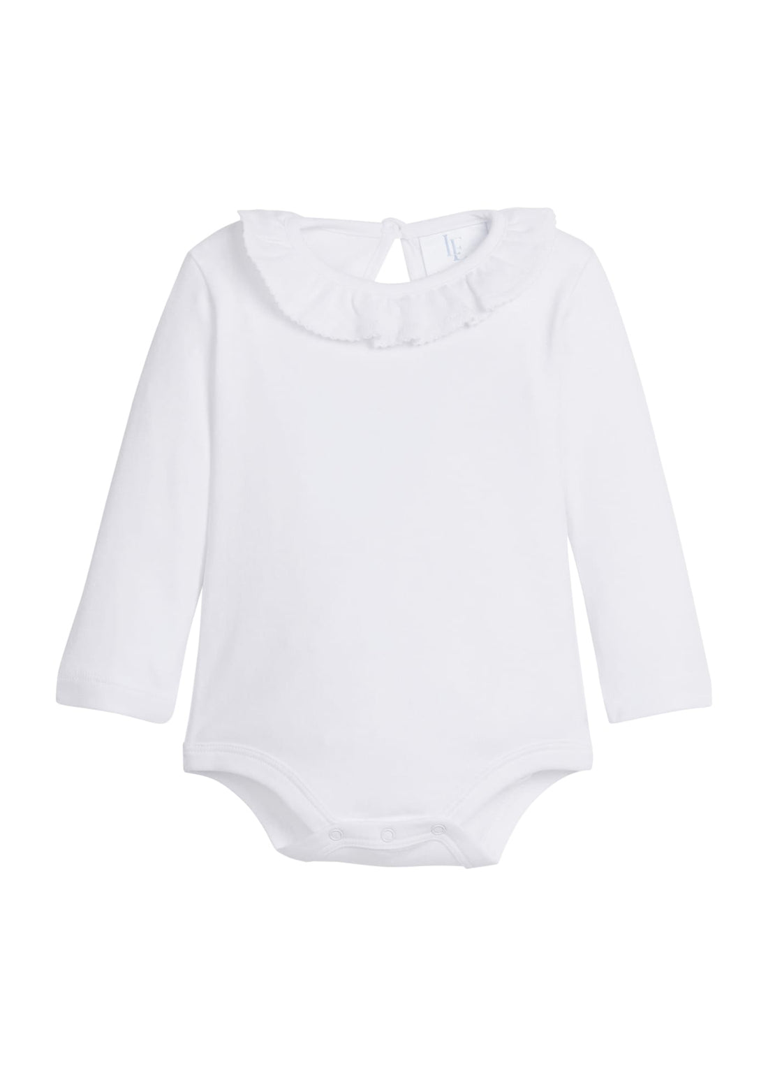 Little English classic kids clothing, long sleeve white knit onesie with ruffled collar trimmed in white picot for baby girls